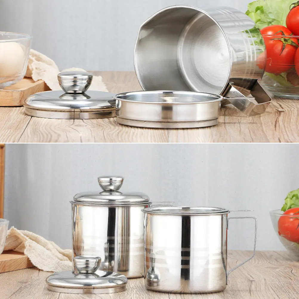 1.2L Stainless Steel Oil Strainer Pot Polished 304 Kitchen Oilcan Lid Handle Reuse Oil Filter Pot Home Restaurant