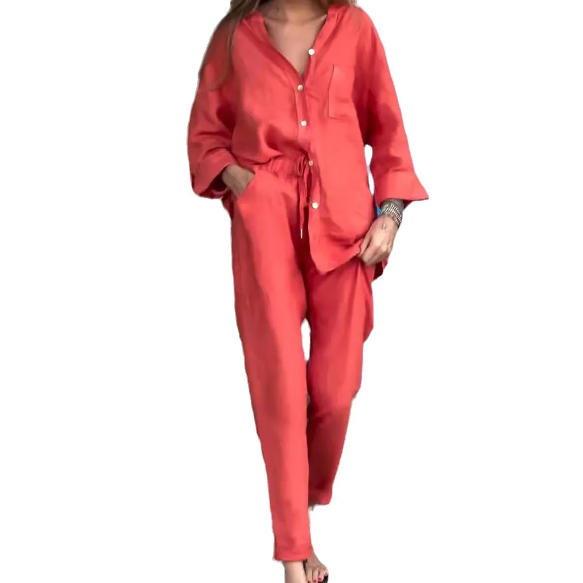 Moda solta camisas de escritório terno outfits conjuntos de duas peças feminino primavera outono casual simples manga longa bolso camisas 2 peça conjunto