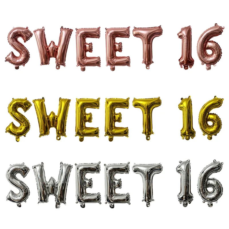 7Pcs 16inch Sweet 16 Letter Number Foil Balloons Boy Girl Sixteen Anniversary Party Air Globos 16th Birthday Party Decor Supplie