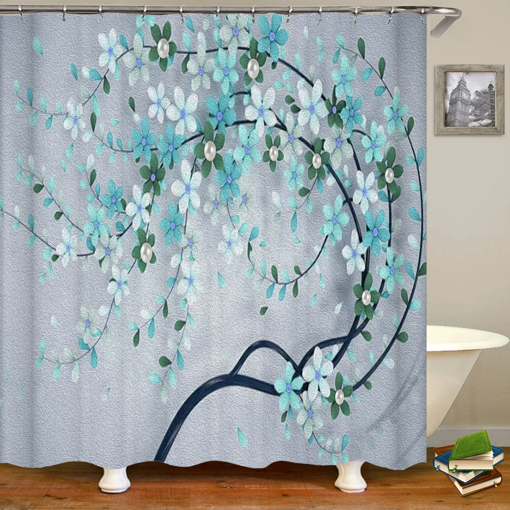 3D beautiful floral printing bathroom curtain polyester waterproof hook home decoration shower  with