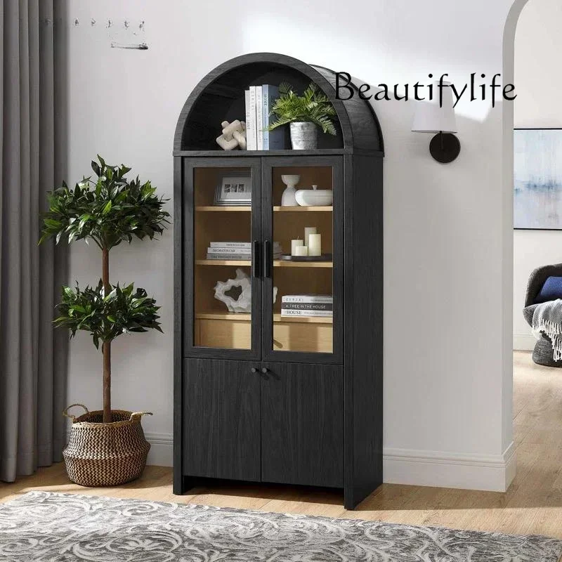 French retro solid wood bookcase living room home American arched black semi-open medium antique glass cabinet