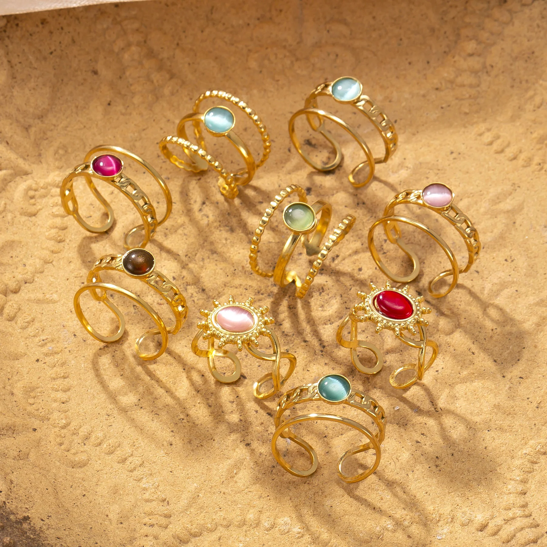 

Модные инкрустированные натуральным камнем, красные, зеленые малахитовые кольца из нержавеющей стали для женщин, регулируемая простота, винтажные ювелирные изделия, подарок