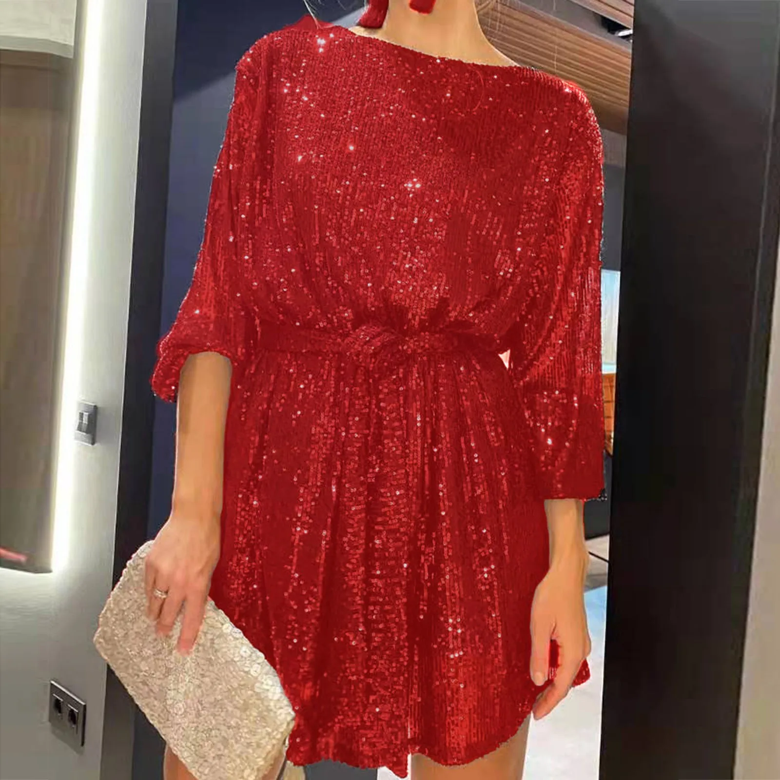 Mini vestido de renda com strass feminino, brilhante com gola V, manga comprida, vestidos curtos divididos, vestido de dança feminino, elegante, outono, 2024