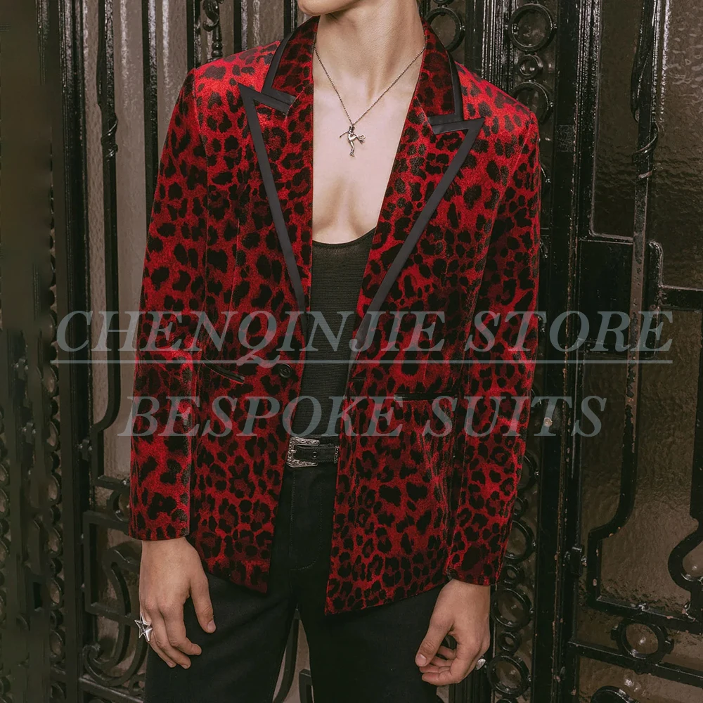 

High Qulaity Men's Suits Formal One-Button Peak Lapel Slim Fit Leopard Blazer With Black Pants 2 Piece Customzied Full Sets
