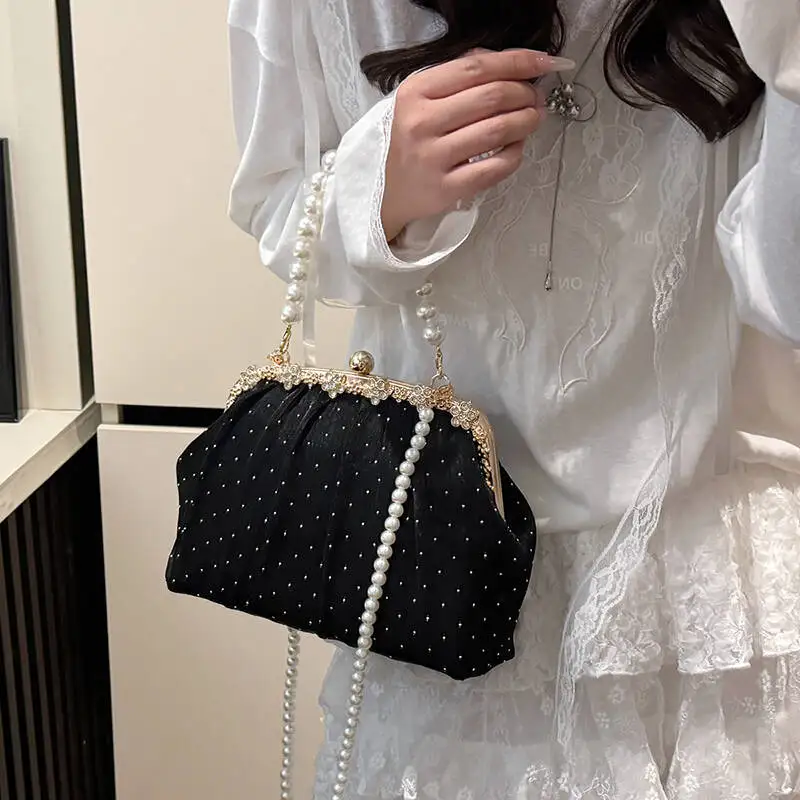 

Блестящая сумочка-клатч с жемчугом и стразами в ретро-стиле, элегантная вечерняя сумка для светских мероприятий, на цепочке, через плечо