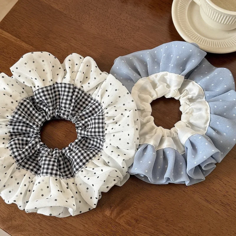 Houndstooth Polka Dot Lace Large Scrunchies Sweet Girly Fabric Hair Ties for Women Ponytail Bun Holder Korean Daily