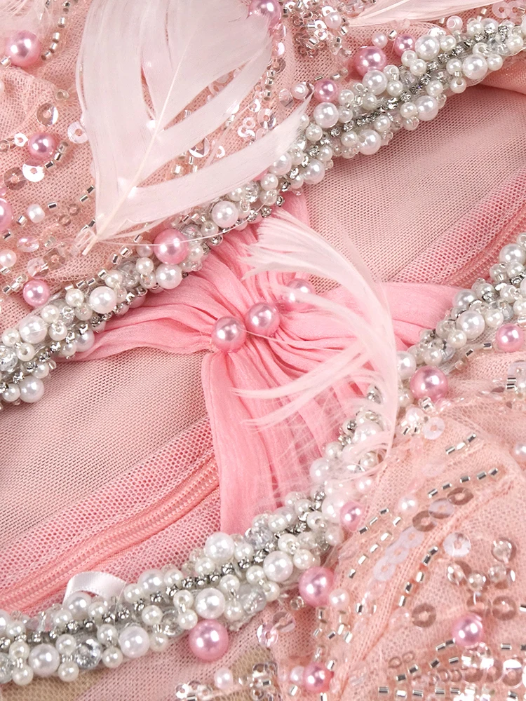 الوردي اللؤلؤ الماس فستان طويل مزين سلحفاة الرقبة الترتر الرسن قطع المشاهير كوكتيل حفلة فساتين السهرة Vestido