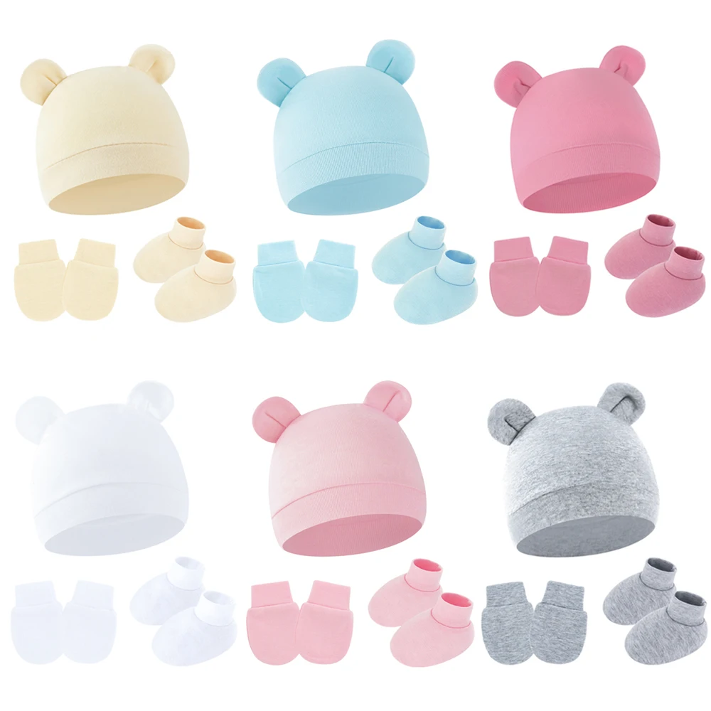

3 шт., комплект шапочек для новорожденных, хлопковая шапочка с медведем, шапка, перчатки, носки, костюм ярких цветов, шапочка для малышей, подарок для новорожденного, От 0 до 6 месяцев