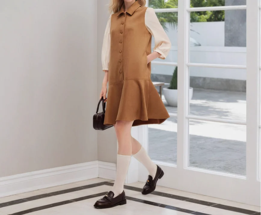 

Women Dress 2026 Spring Autumn New Suede Patchwork Turn-Down Collar Pocket Design Long Sleeve Slim Fit Mini Shirt Dress