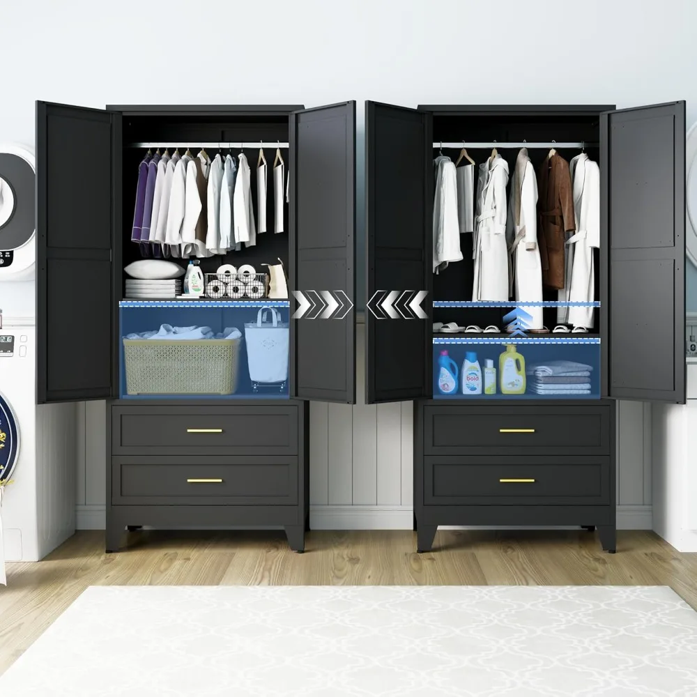 خزانة ملابس معدنية كبيرة بطول 71 مع أدراج وقضيب تعليق وأرفف لحلول تخزين غرفة النوم
