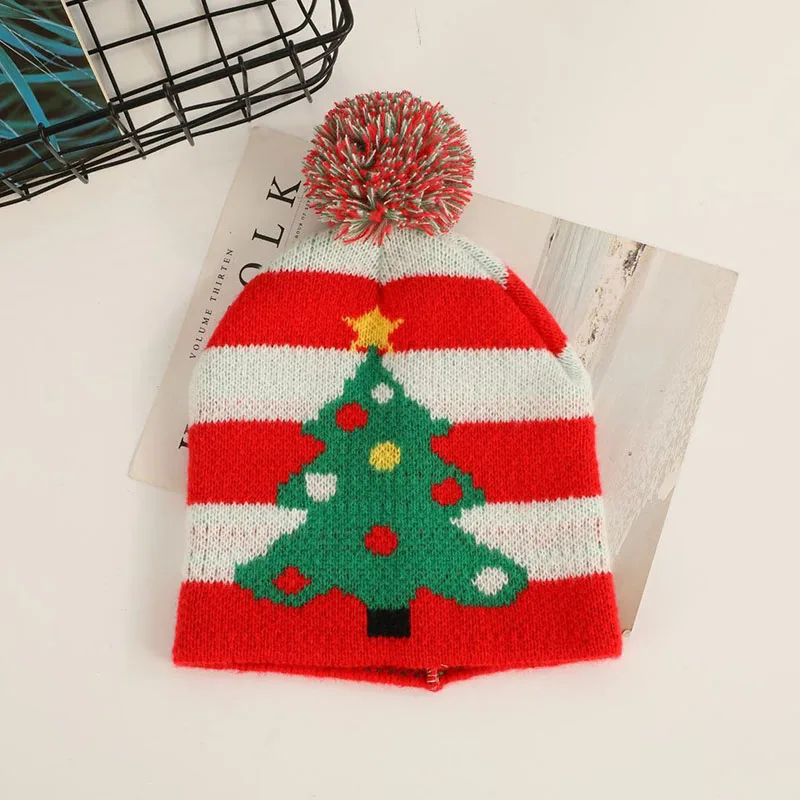 Christmas Mummy Baby Hat Bonnet Red White stripes Green Tree Knitted Hats with Pom Pom Xmas New Year Party Gifts Decorations image 6