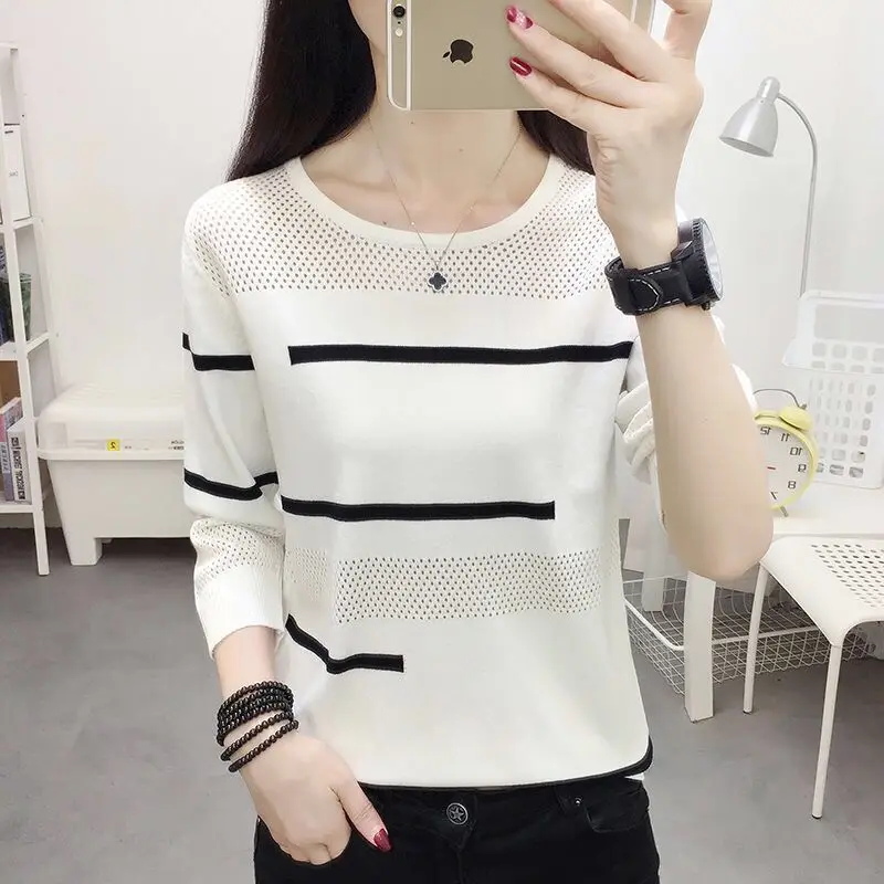 

Simplicity Spring Autumn Sweaters Pullovers Women's O-Neck Hollow Out Striped Asymmetrical Fashion Loose Long Sleeve Knitted Top