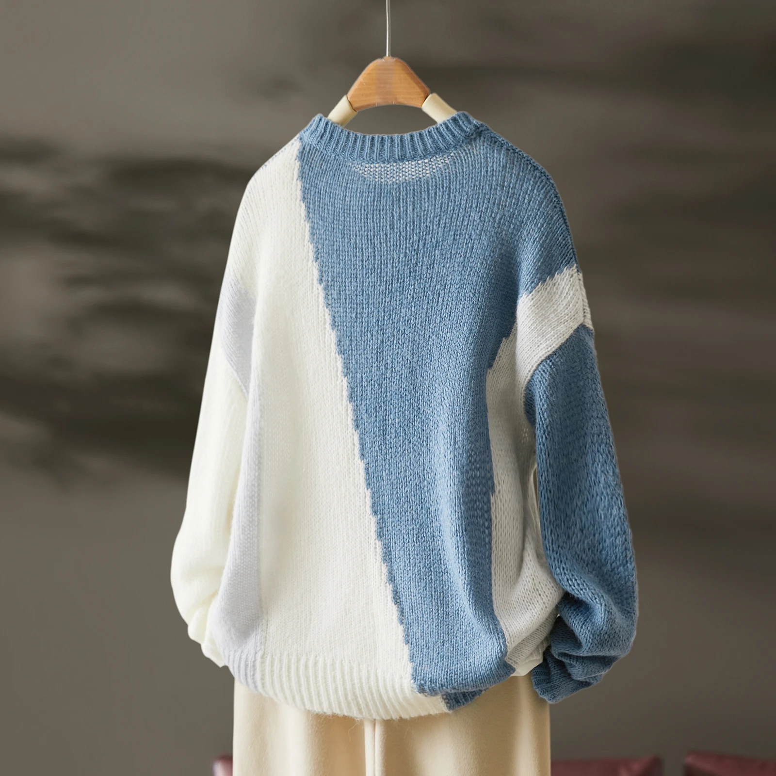 Mohair color clash knit sweater 2024 fall new gentle three color clash pullover knit sweater