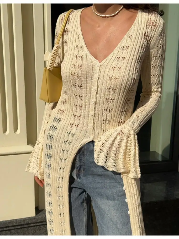 

French Vacation Style Lace Flared Sleeve Knit Cardigan Summer New Crochet Casual Long Loose Hem Open Front Coat