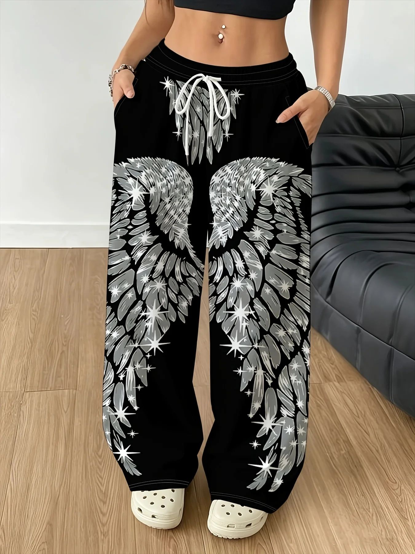 Halloween Ladies Dark Aesthetic Wide Leg Pants Vintage Rose Cross Wing Star Print Elastic Waist Streetwear Trousers
