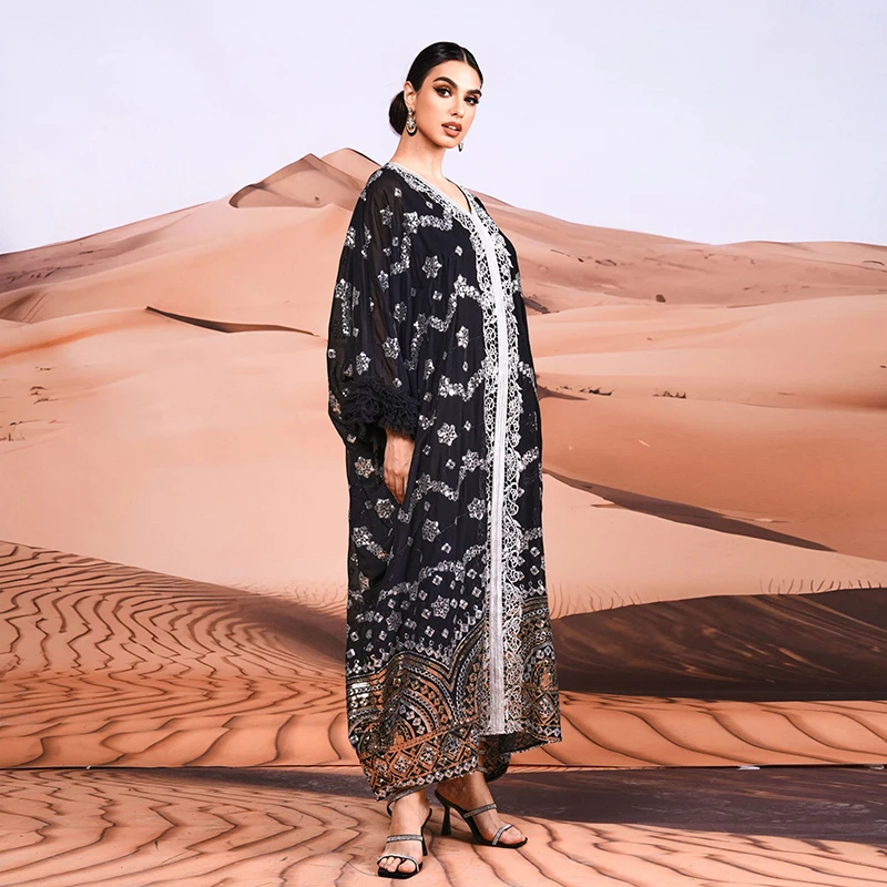 Kobiety Batwing Sleeve V Neck Dubai Muslim Fashion Luxury Abaya Loose Party Sequined Kaftan Modest Islam Long Maxi Dresses