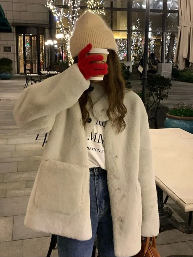 Gray Winter Furry Jackets Women Coats Soft Cozy Big Pockets Baggy Autumn and Winter Faux Fur Mink Coat Winter Warm Coat