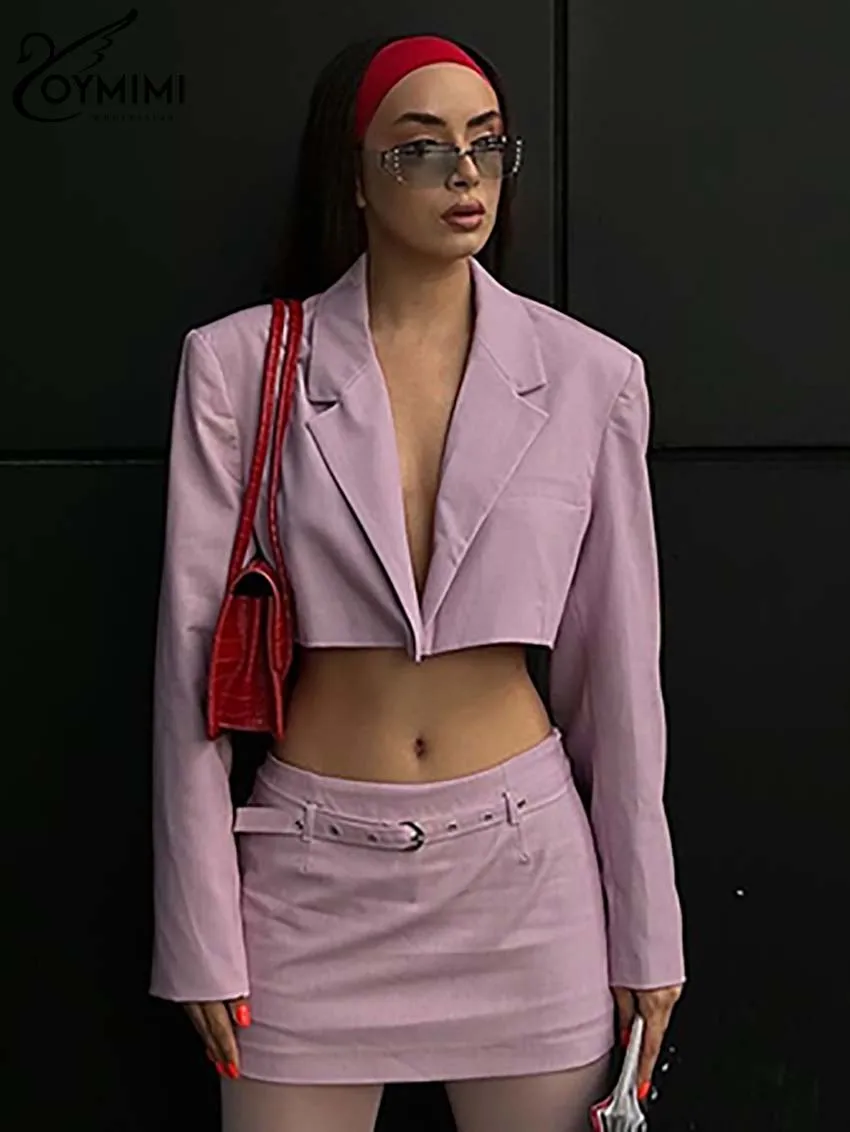 Oymimi Elegant Pink Slim Two Piece Set For Women Fashion Long Sleeve Single Button Crop Blazers And Straight Mini Skirts Sets