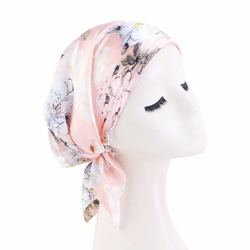 Satin Muslim Women Printed Pre-Tied Headscarf Elastic Female Turban Cancer Chemo Hat Hair Loss Sleep Caps Cover Headwrap Bandana