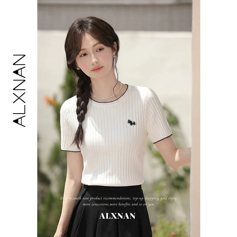

ALXNAN Off-white Short Sleeve T-shirt Pony Embroidery Black Wavy Trim Slim-fit Knit T-shirts Summer Casual Female Tops L65765A