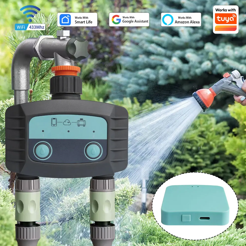 

Умный таймер полива для сада Tuya, 2-канальный контроллер капельного орошения, клапан для воды с функцией отсрочки полива при дожде, программируемый, совместим с Tuya