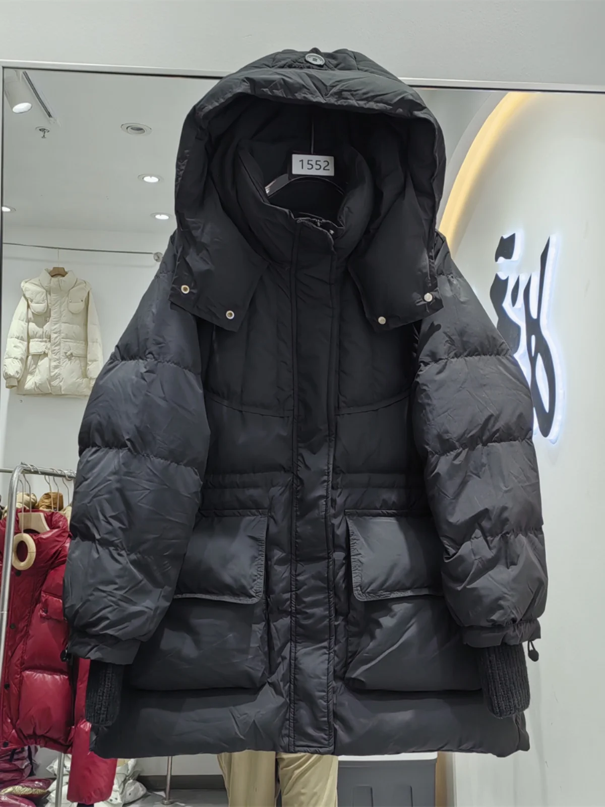 2024 Winter New Female Down Jackets Women\'s Hooded Medium Long Knitted Sleeves Drawstring Waist Thickened White Duck Down Jacket