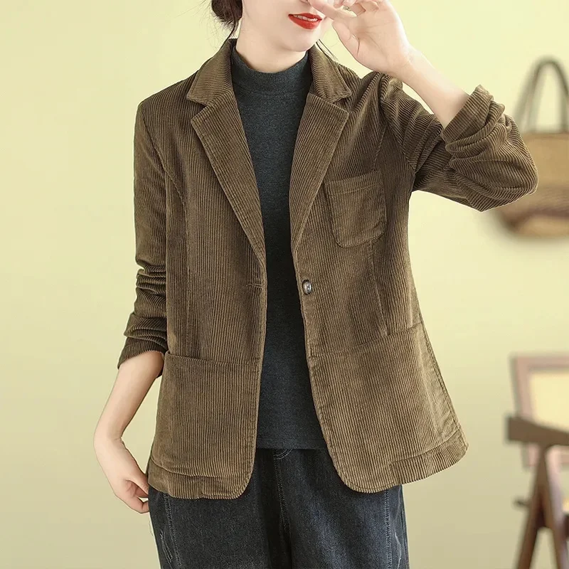 Women's Coat 2024 Spring and Autumn New Loose and Versatile corduroy Cotton Commuting Coat Solid Color Small Suit Solid Color WF