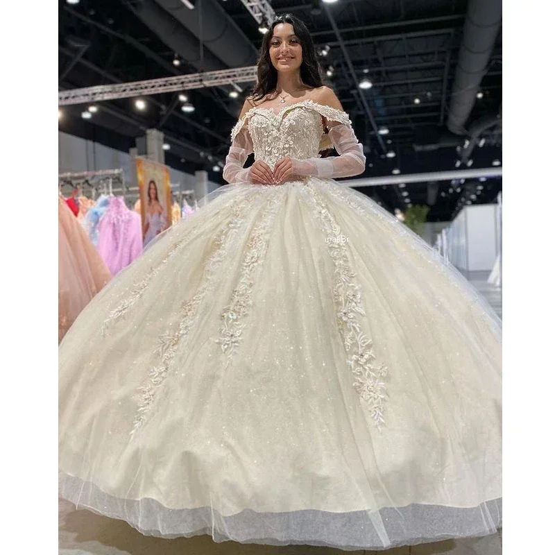 ANGELSBRIDEP Off Shoulder Quinceanera Dresses Handmade Appliqué Lace Puffy Sweet 16 Dress Celebrity Party Gowns Graduation Dress