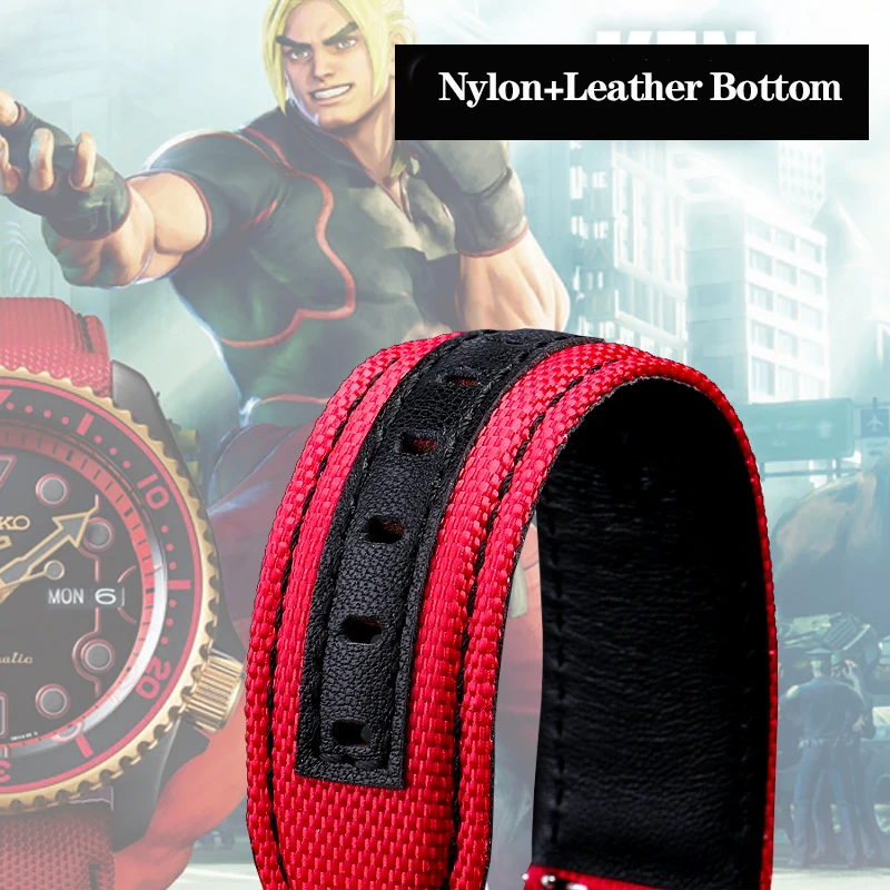 22mm New Nylon Leather Bottom Watch Band For Seiko No.5 Street Fighter Co Branded Long-SRPF19K1 SRPF20K1 Sports Strap Bracelet