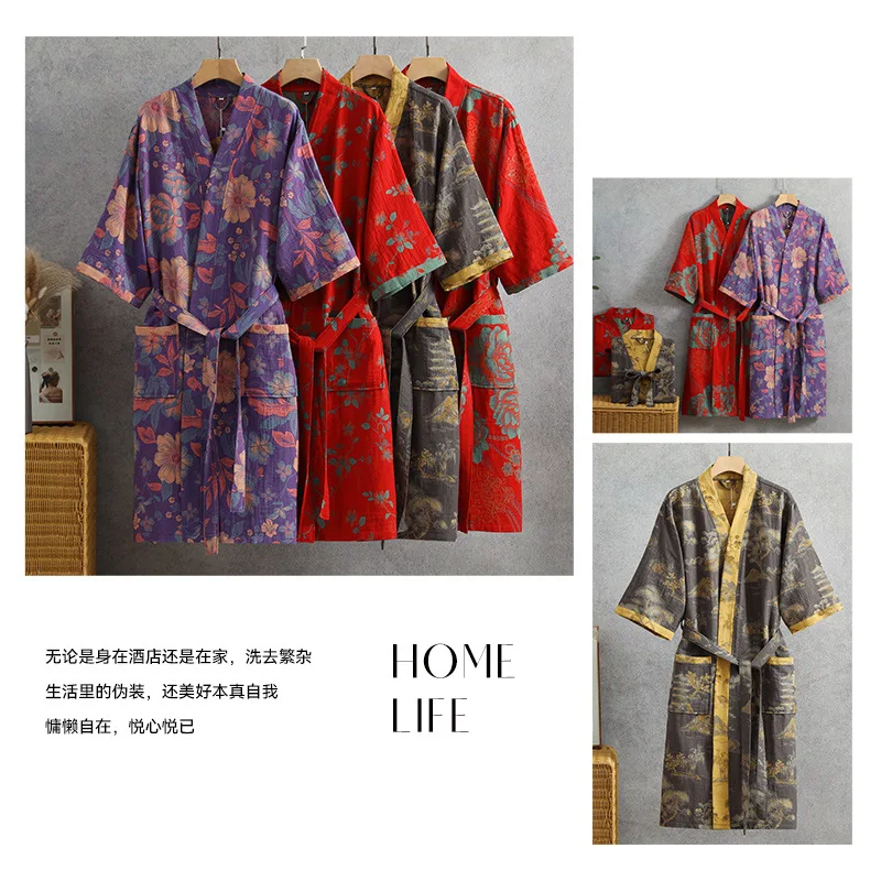 

Хлопковый халат для пар, весенне-летний тонкий стильный пижамный халат с короткими рукавами, женские впитывающие и быстросохнущие халаты