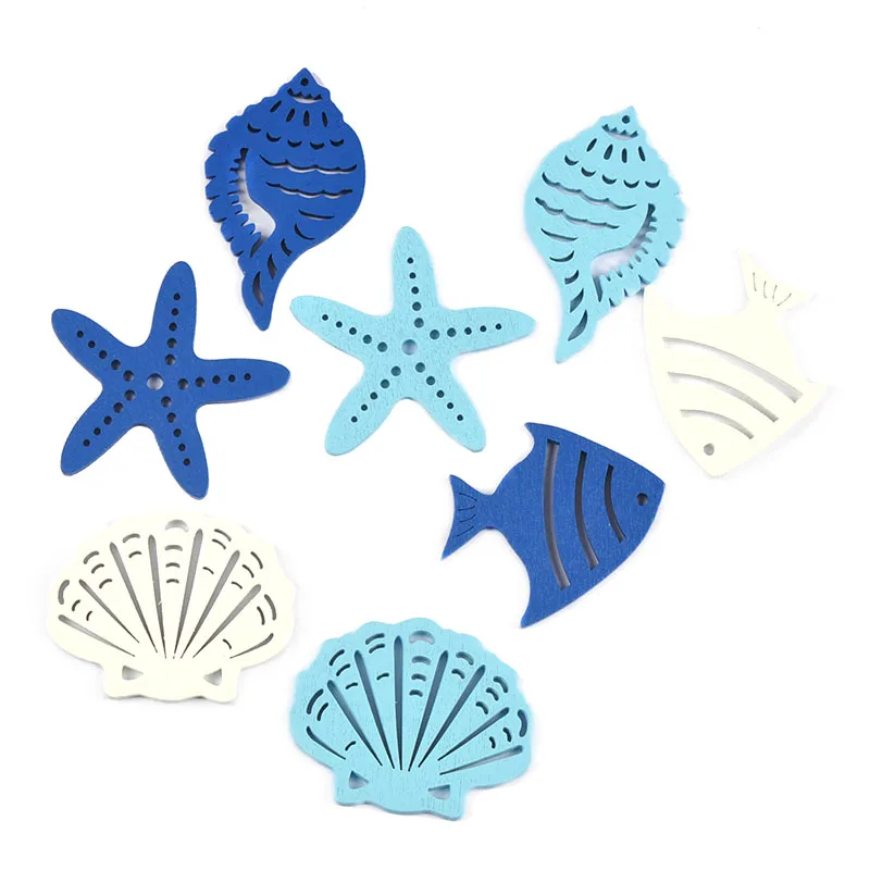 10/25pcs 3-6cm Mixed Blue White Fish/Seashells/Starfish Wood Slices DIY Scrapbook Crafts Wooden Hanging Ornaments Home Decor