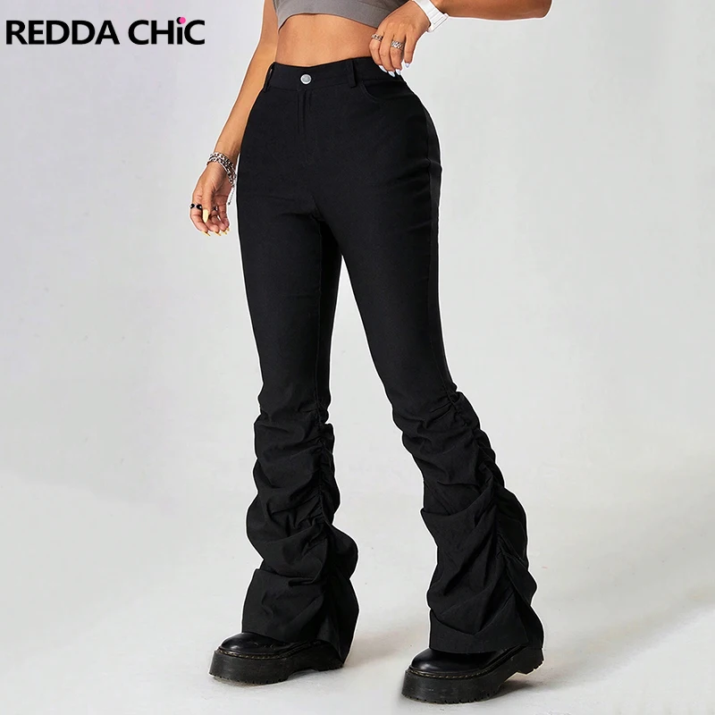 ReddaChic Solid Black Stacked Bootcut Pants Women Flare Jeans Shirred Skinny Stretchy Denim Bell Bottoms Retro Grunge Streetwear