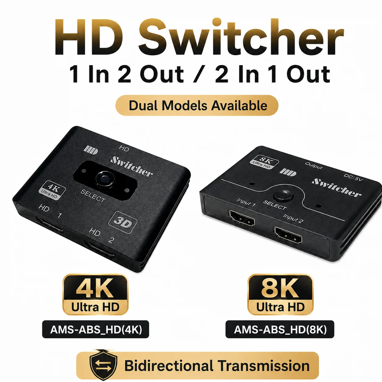 AMS-ABS-HD(8K/4K) HD Bi-Directional Switch 2x1 Support 8K Ultra HD and 3D Visual Effects Auto Resolution Detection USB Power