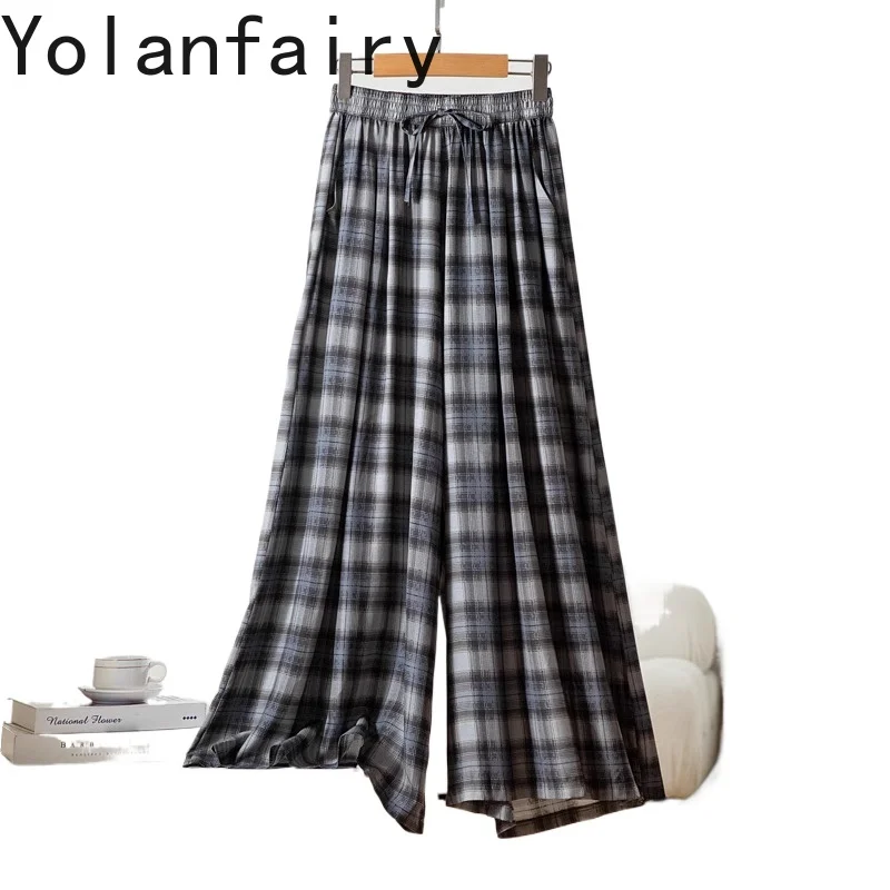 

YOLANFAIRY New 70% Mulberry Silk 30% Cotton Wide Leg Pants Woman Plaid High Waist Casual Women's Pants Loose Nine-point Trousers