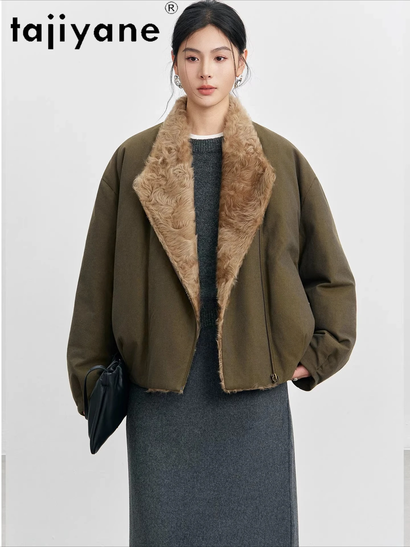 Tajiane casacos e parkas femininos, jaqueta merina com gola de pele de ovelha, jaqueta curta de penas de ganso, roupas femininas de inverno 2025