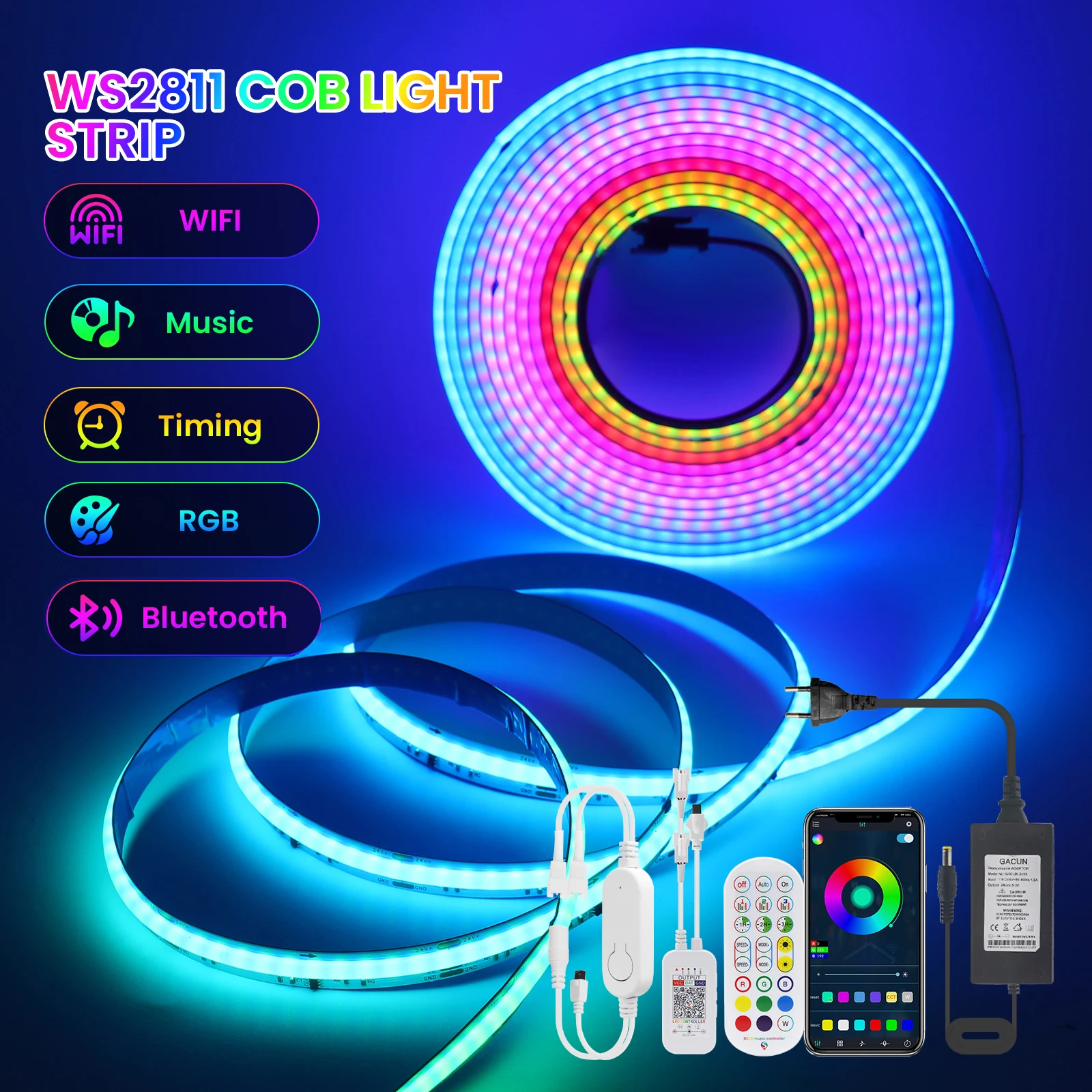 Tuya WiFi WS2811 RGB COB LED Strip Light 12V 24V Bluetooth Addressable Pixel Flexible LED Tape 576LEDs Smart Light TV Backlight