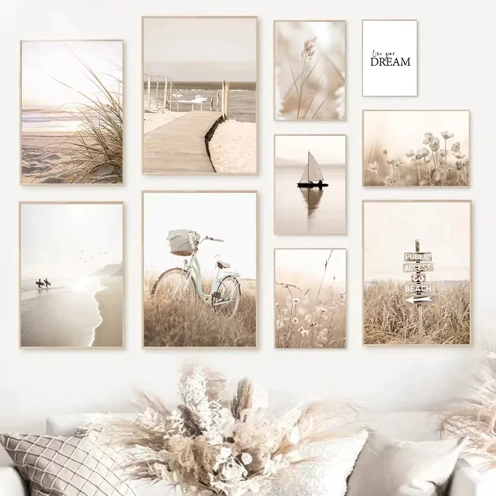 Beige Landschaft Leinwand Malerei Strand Wand Poster Fahrrad Kunstdrucke Blume Wand Bilder Gras Druck Nordic Poster Schlafzimmer Dezember