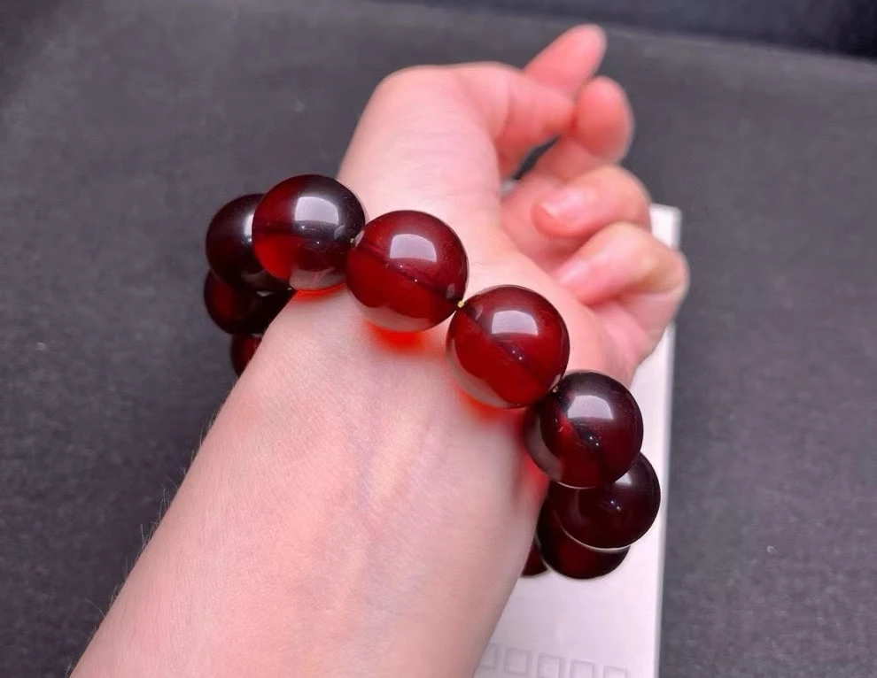 

Natural Blood Red Amber Round Beads Bracelet Women Men Big Size 18mm Stretch Red Amber Bracelet Reiki AAAAAA
