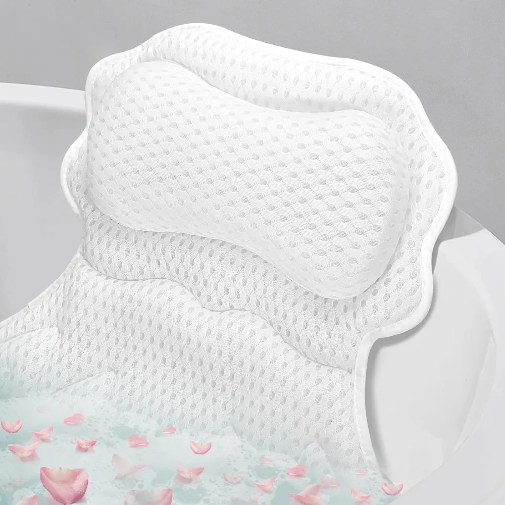 Relaxing Bath Pillow for Tub Neck and Back Support Soft 4D Breathable Air Mesh Ergonomic Bathtub Pillow with 6 Strong Suction Cups and Hook Luxury Spa Bathroom Accessories White Comfortable Headrest Cushion for Bathtub