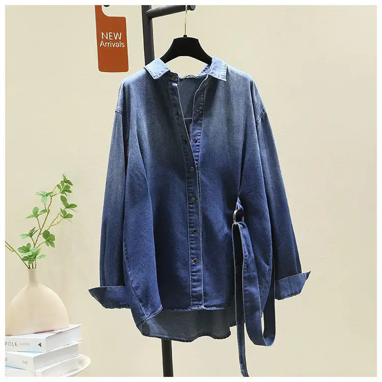 SuperAen Design Lace-up High-waisted Denim Shirt for Women Spring Vintage Korean Style Loose Long-sleeved Casual Shirts