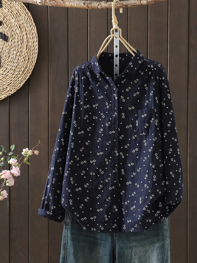 

Retro Floral Double Layer Cotton Long Sleeve Women's Shirt Casual Versatile Base Layer Open Cardigan Top for Autumn