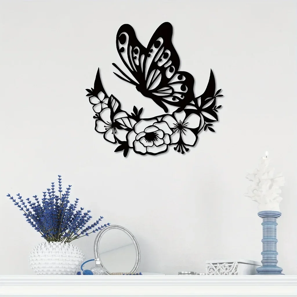 Moon Metal Floral Art Home Decor, Moon Phase Boho Wall Decor Flower and Butterfly Metal Wall Art Moon Home Decor Livingroom