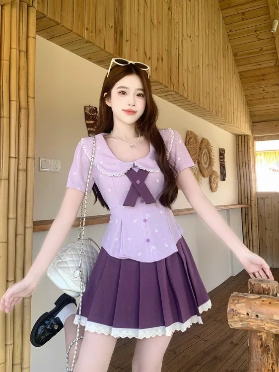 

plus Size Women's Summer Shirt Knot Short Sleeve High Waist Pleated Skirt Fashionable Commuter Korean Style Sl...
