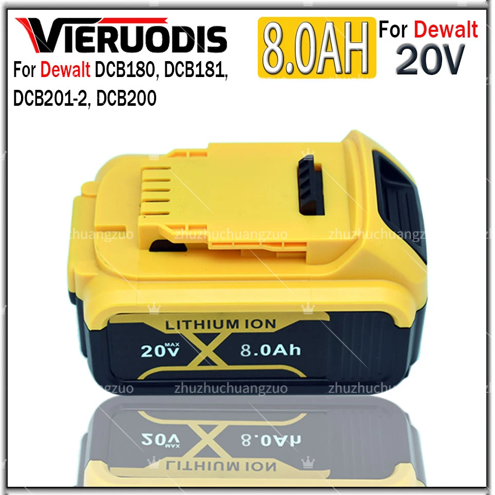 

100% Compatible For DeWalt 20V 8.0Ah 6000mAh Rechargeable Power Tools Battery with LED Li-ion Replacement DCB206 DCB205 DCB204-2