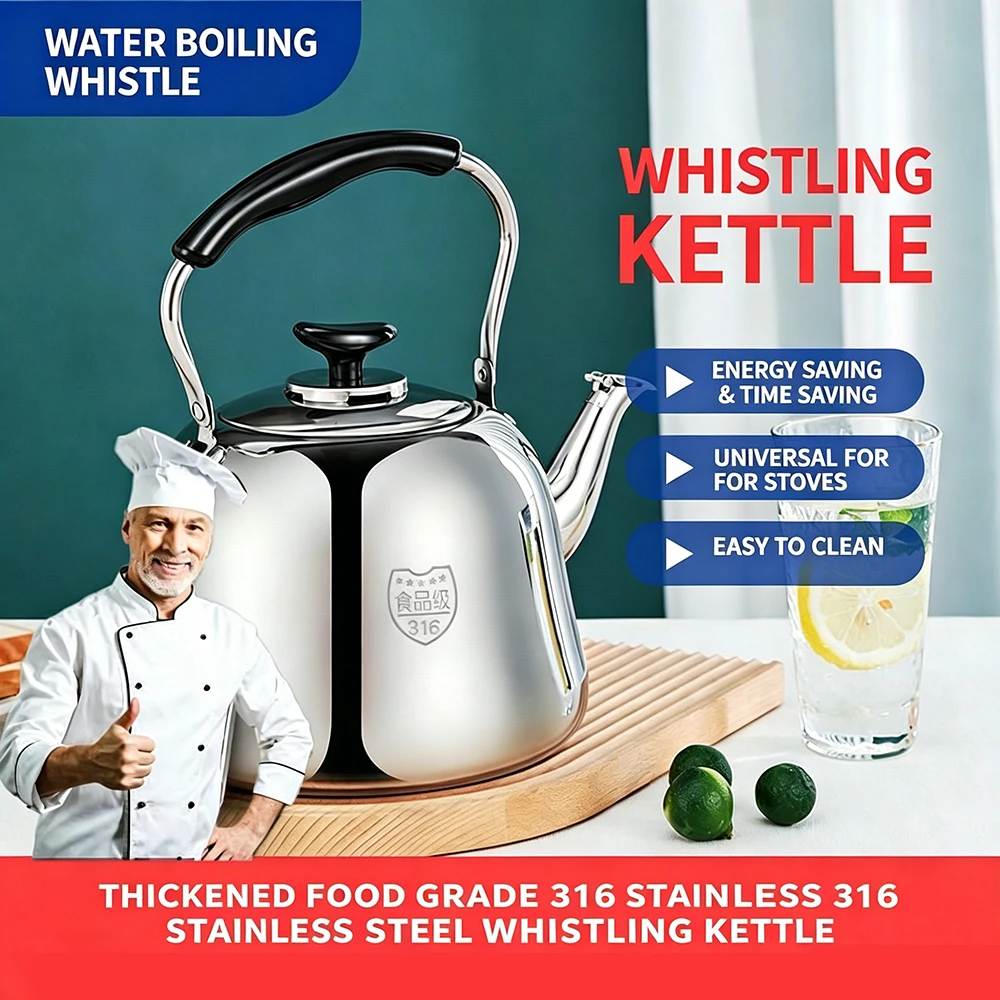 

316 Stainless Steel Whistling Kettle, Large Capacity Teapot for Home Restaurant, Universal for Induction Cookers Gas Stove,3-4L