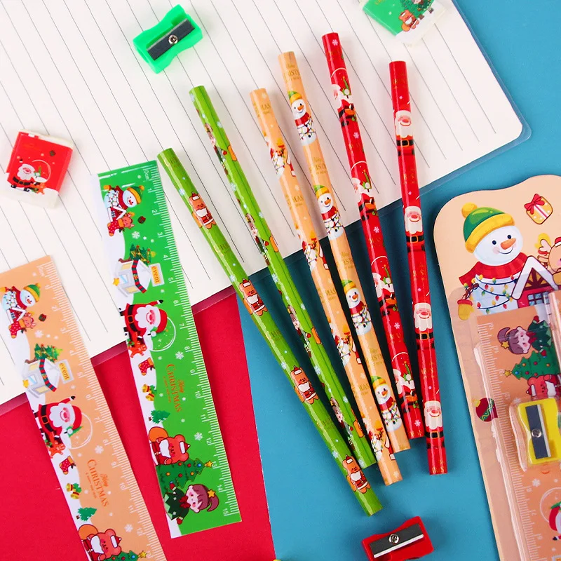 Ensemble de papeterie de crayons de Noël pour enfants, gomme de dessin animé mignon, règle, taille-crayon, fournitures scolaires, cadeau