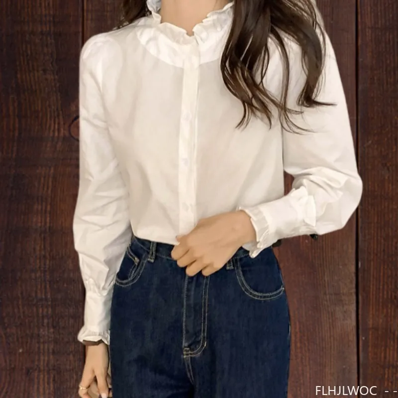 

2025 Autumn Stand Collar Ruffles Tops Retro Vintage Chic Korea Design Fashion Woman Long Sleeve Basic Shirt Cute Blouses Cotton