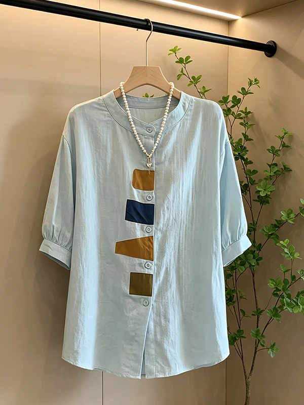 

plus Size Contrast Color Artistic Patchwork Shoulder Short Sleeve Shirt Women's Casual Slimming Top for Summer 2026