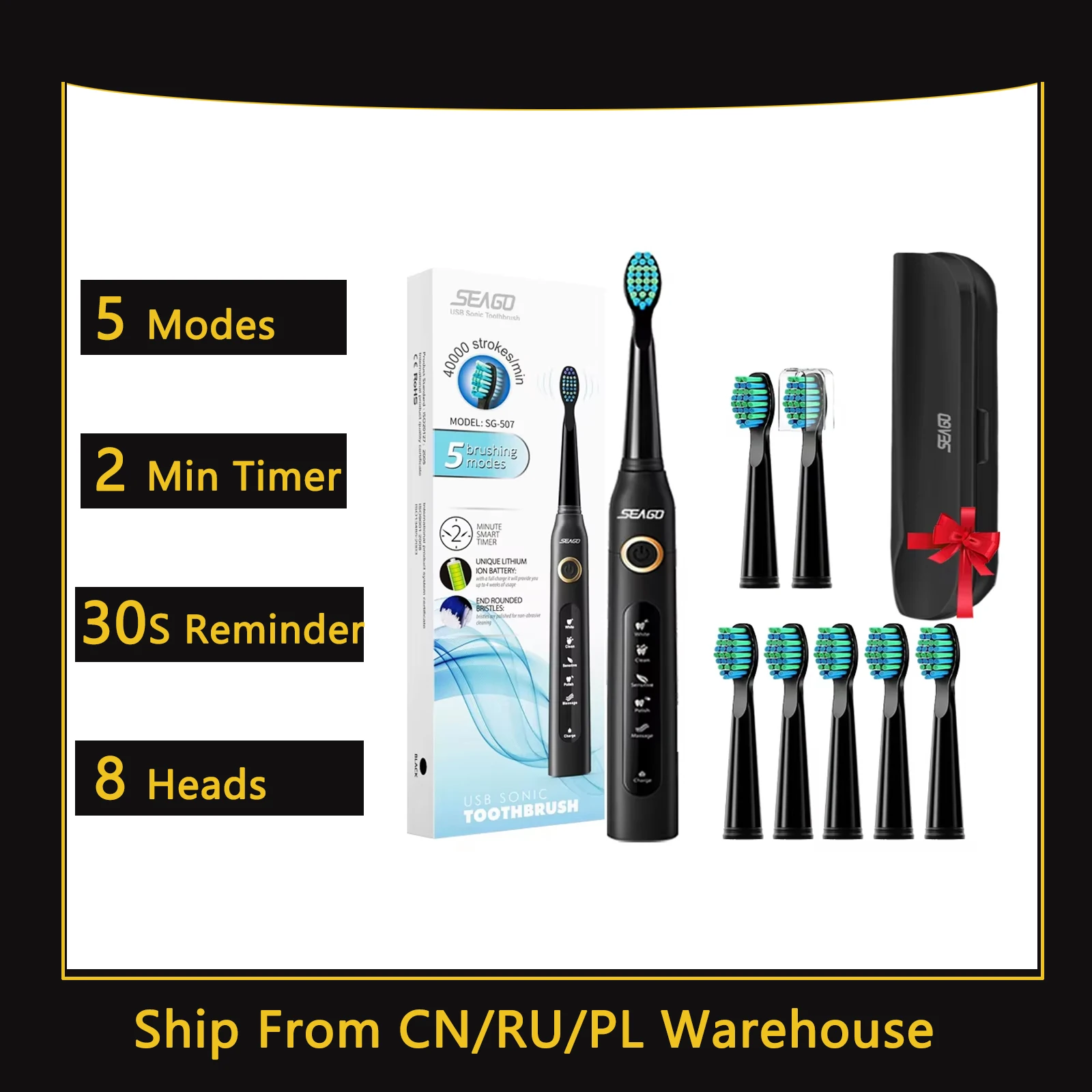 

Seago Sonic электрическая зубная щетка SG-507 для взрослых с таймером щетка 5 режимов микро USB аккумуляторная зубная щетка Набор сменных головок