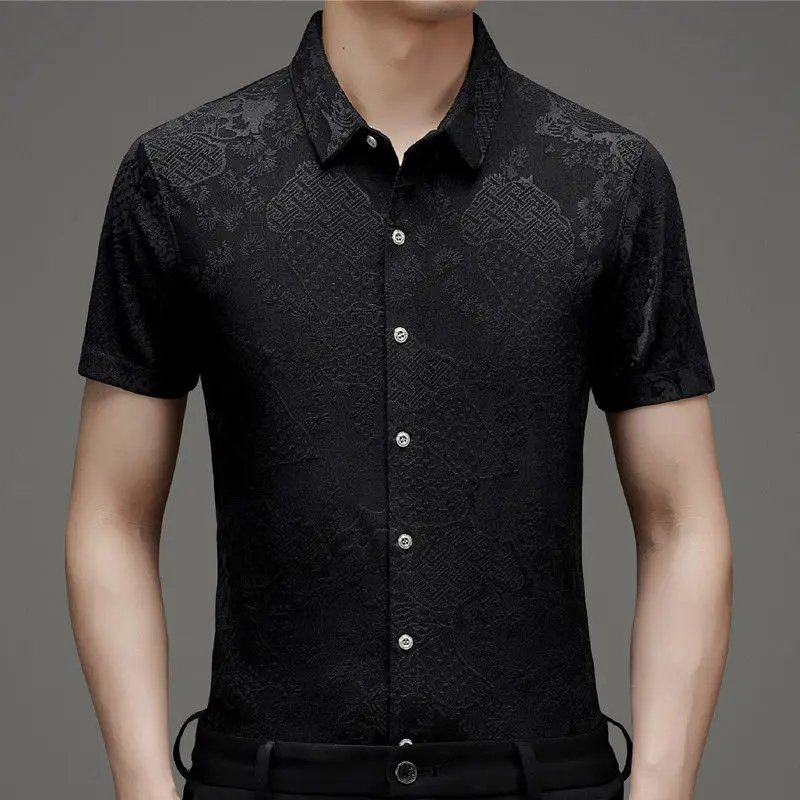 Men\'s Clothing Summer Turn-down Collar Button Embroidered Geometric Shaped Short Sleeve Cardigan Shirt Casual Retro Fashion Tops